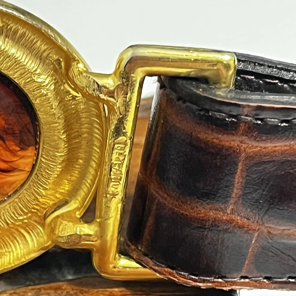 VTG Ben Amun Belt 24K Gold Plated Amber Resin Cabochon Leather Cinch 27